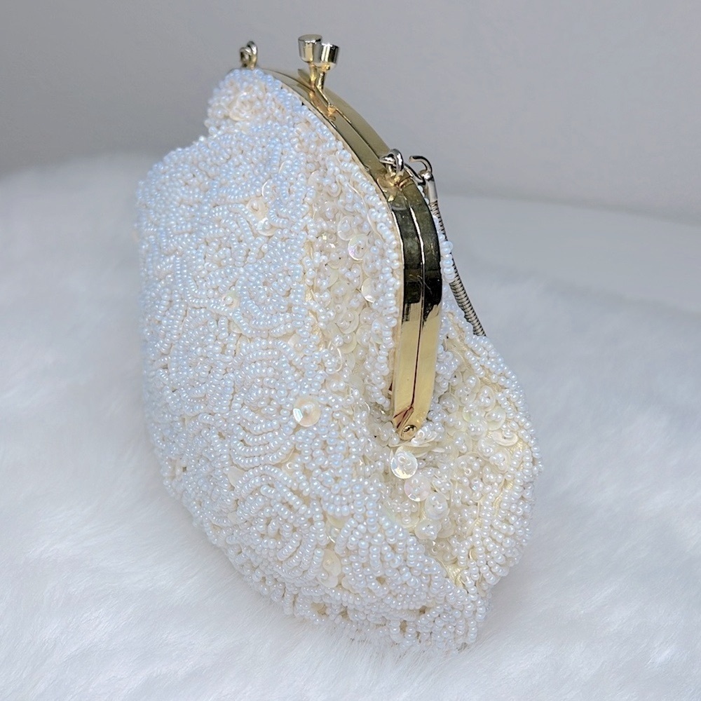 Mid Century Vintage Beaded Sequin Kisslock Evening Handbag Snake Chain Purse - Picture 7 of 16